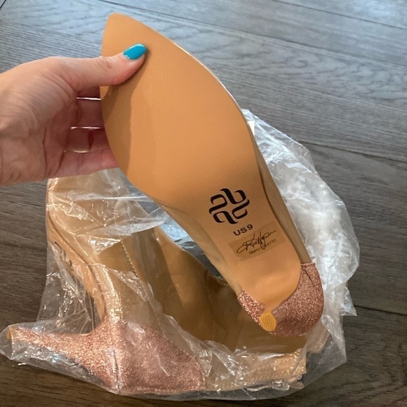 NWT BURJU Tan Patent Leather Pointed Toe Rose Gold Sparkly Heel Booties | 9 - Picture 6 of 13